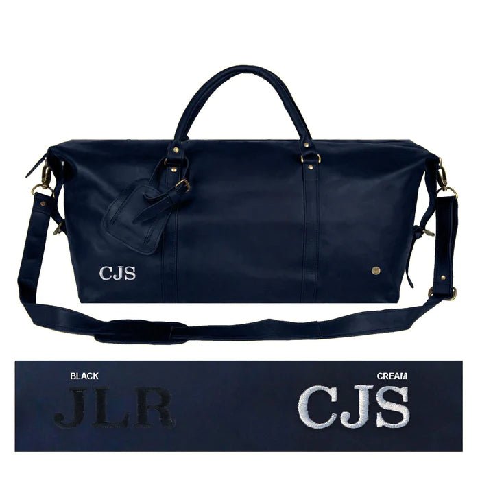 Unique Personalized Navy Leather Duffle Customized Duffel Bags Gifts for Men by Groovy Guy