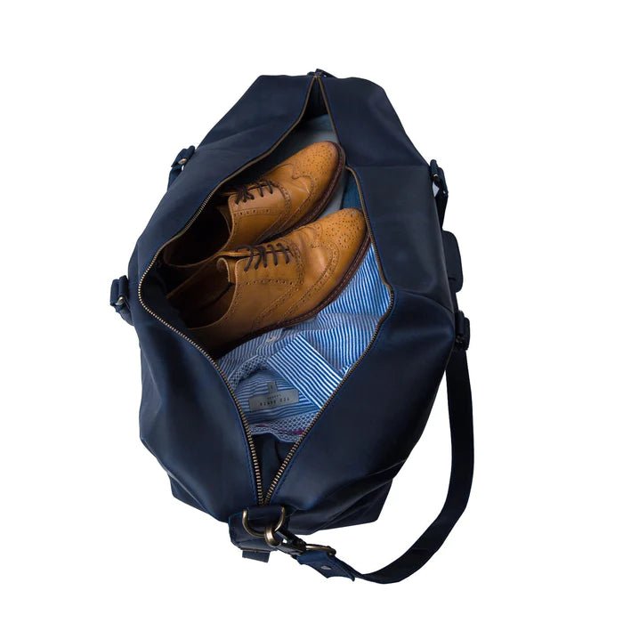 Unique Personalized Navy Leather Duffle Customized Duffel Bags Gifts for Men by Groovy Guy