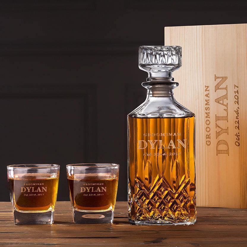 Big Man's personalized decanter set with two rock glasses in pine wood gift box