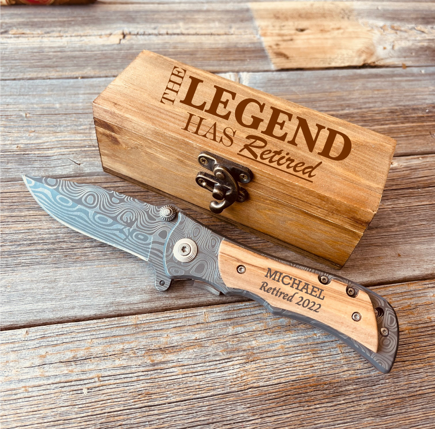 Personalized Retirement Knife with Custom Engraved Box - Groovy