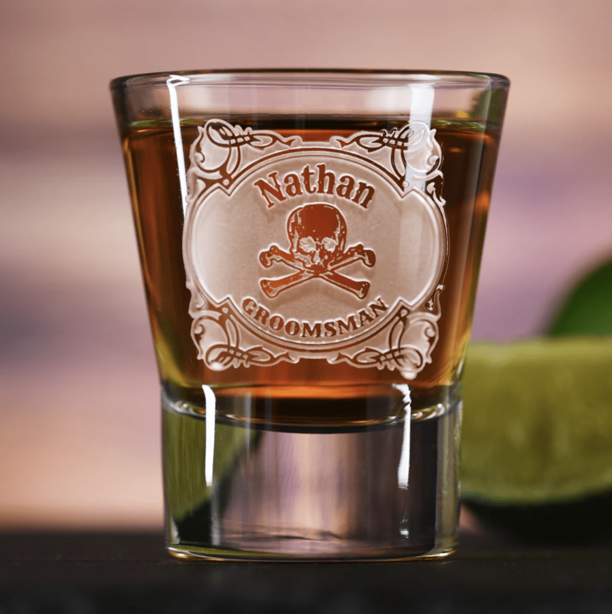 Crossbones personalized skull shot glass with sand-carved skull and crossbones