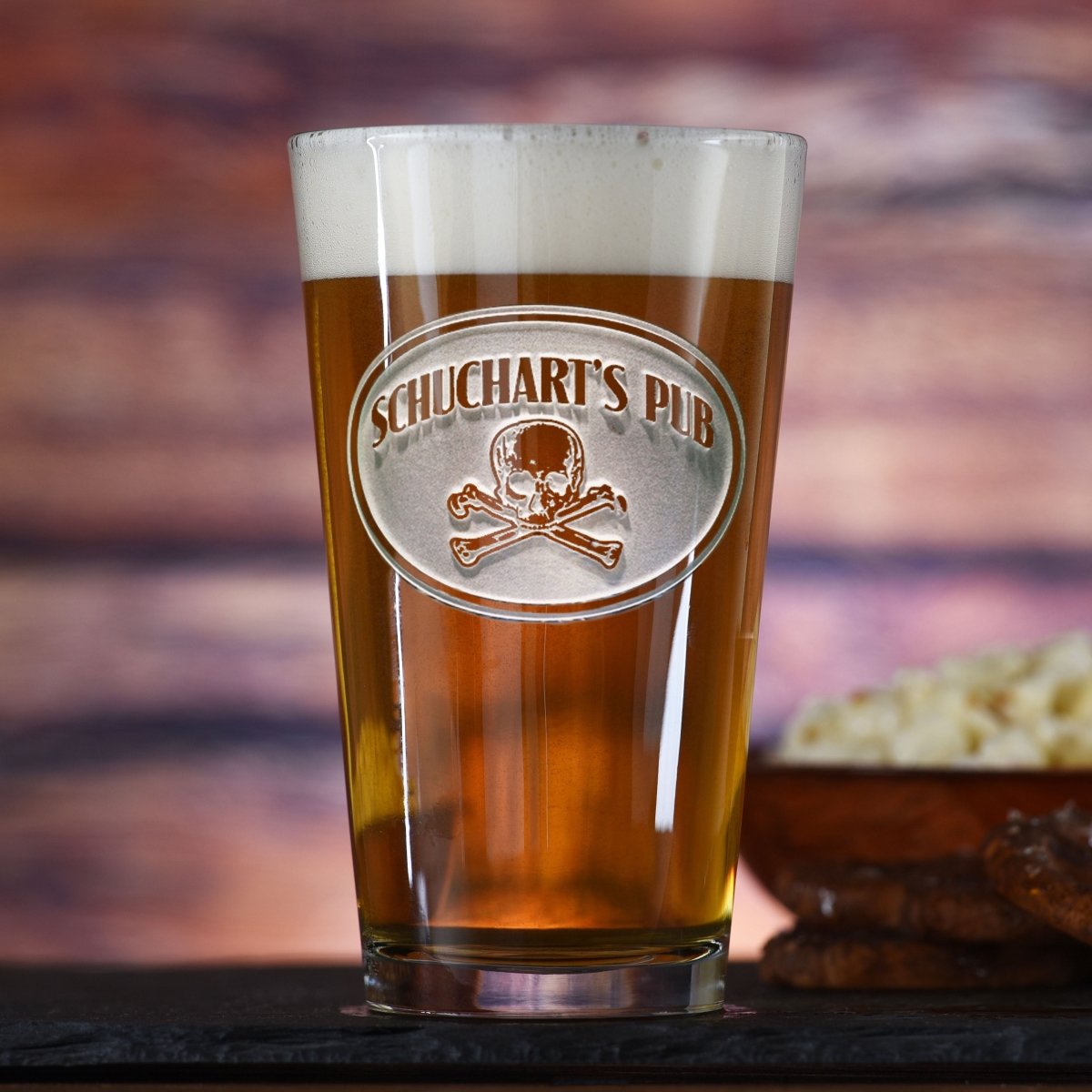 Unique Personalized Engraved Skull and Crossbones Pint Glass | 16 oz Skull Beer Pint Customized pint glass Gifts for Men by Groovy Guy