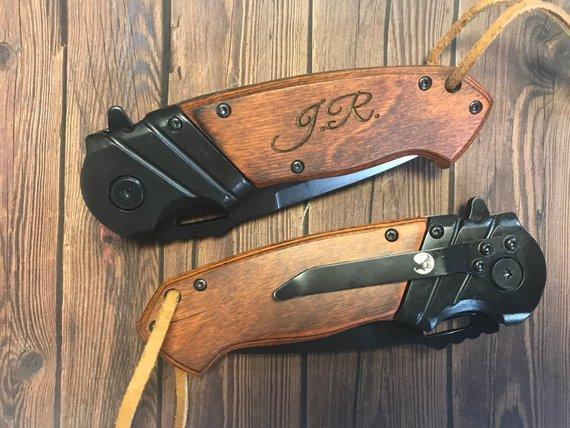 Black Blade folding Knife With Brown Wooden Handle