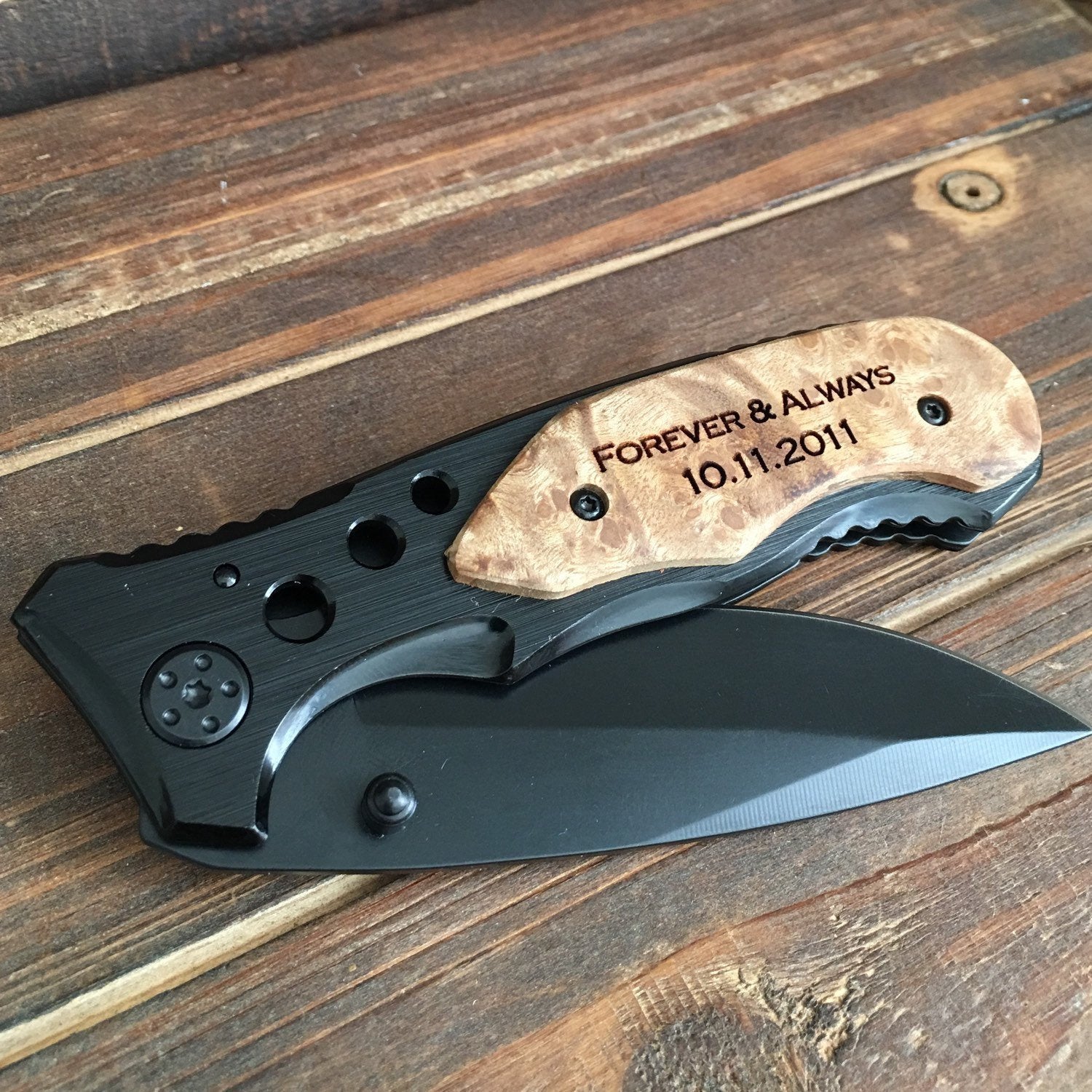 Engraved Knife Black Blade Wooden Handle 