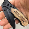 Engraved Knife Black Blade Wooden Handle