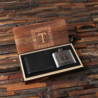Personalized Wooden Box with Flask and Black Wallet