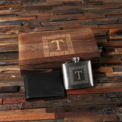 Personalized Wooden Box with Flask and Black Wallet