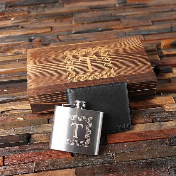 Personalized Wooden Box with Flask and Black Wallet