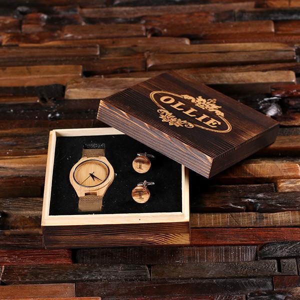 Engraved Wooden Box with Wooden Watch and Cuff Links