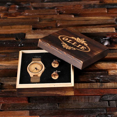 Engraved Wooden Box with Wooden Watch and Cuff Links