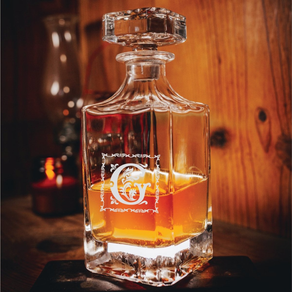 Classy Custom Initial decanter set with gold-plated whiskey glasses, engraved monogram