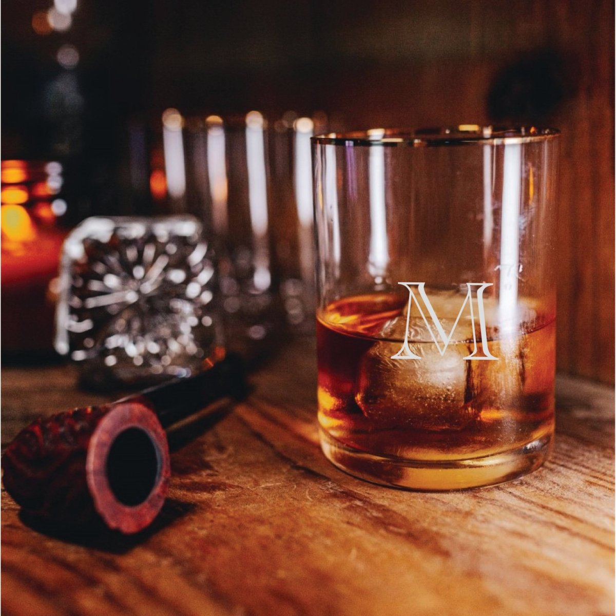 Monogrammed Gold Rimmed Whiskey Glasses - The Mans Man Personalized Whiskey Glass Set