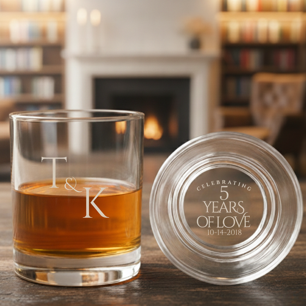 Forever Yours personalized whiskey glass engraved celebrating 5 years of love for a 5 year anniversary gift for him